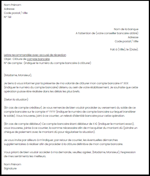 نموذج طلب إيقاف أو إغلاق الحساب البنكي بالفرنسية
